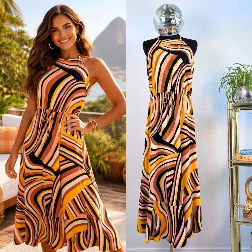 DROPS RIO Retro Swirl Print Halter Dress, Women Size 42 /‎ M, 70s Aesthetic